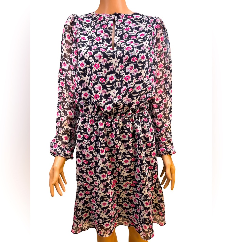 Banana Republic Black and Pink Floral Long Sleeve Dress Medium NWT